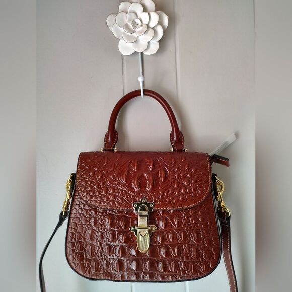 Brown Structured Crocodile Pattern Leather Handbag Shoulder. Quiet Luxury - Picture 1 of 8